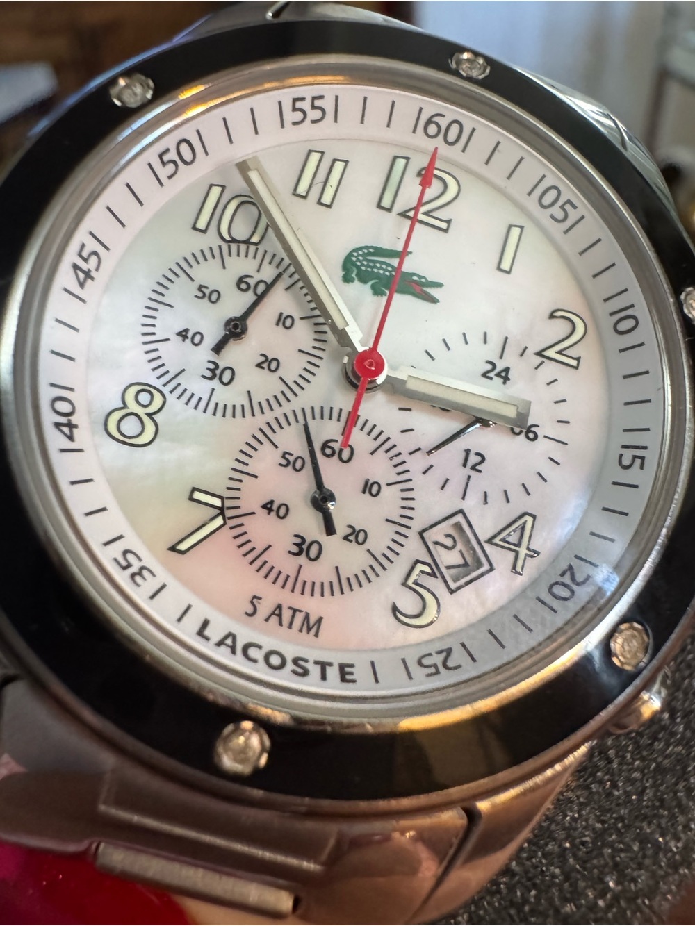 Vintage Lacoste stainless steel Mother of Pearl wristwatch in its original box